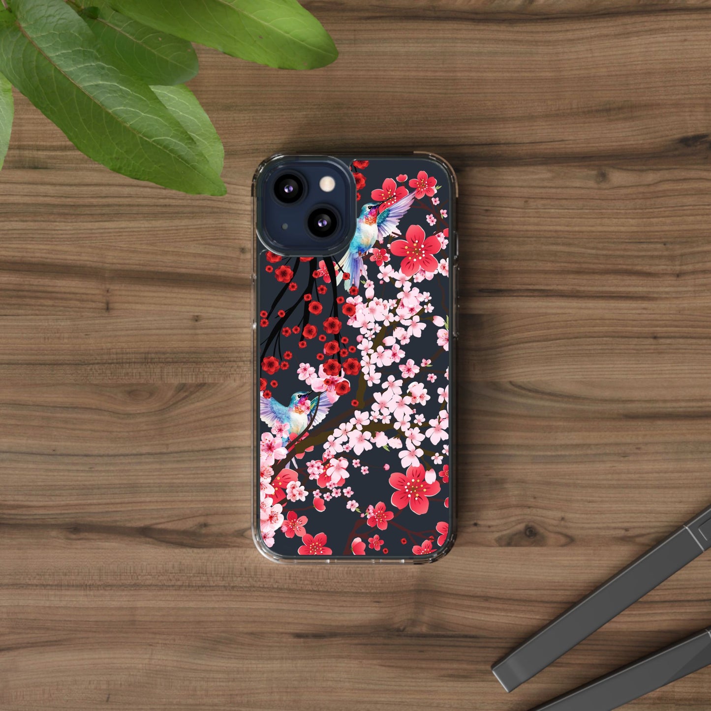 Floral Bird Clear Phone Case - Cherry Blossom Design