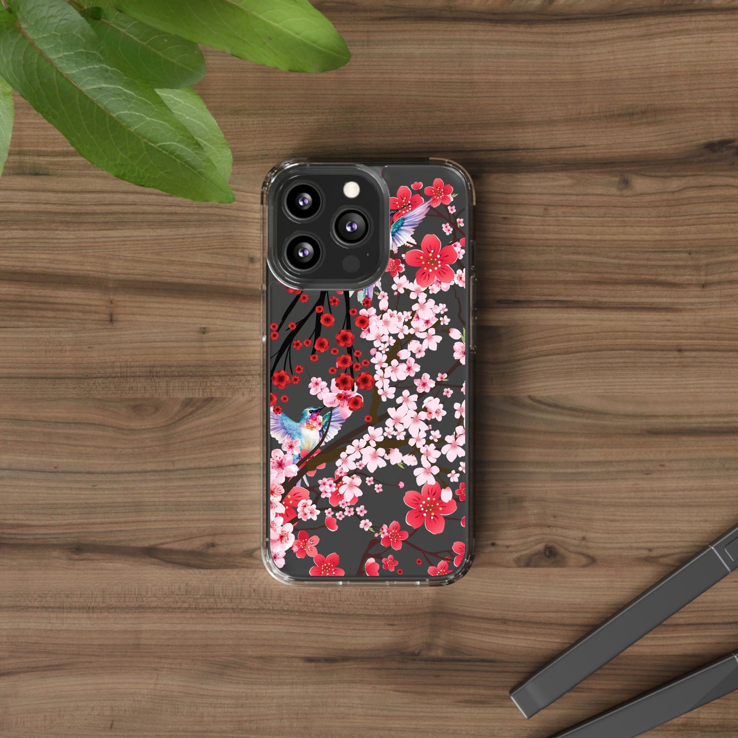 Floral Bird Clear Phone Case - Cherry Blossom Design