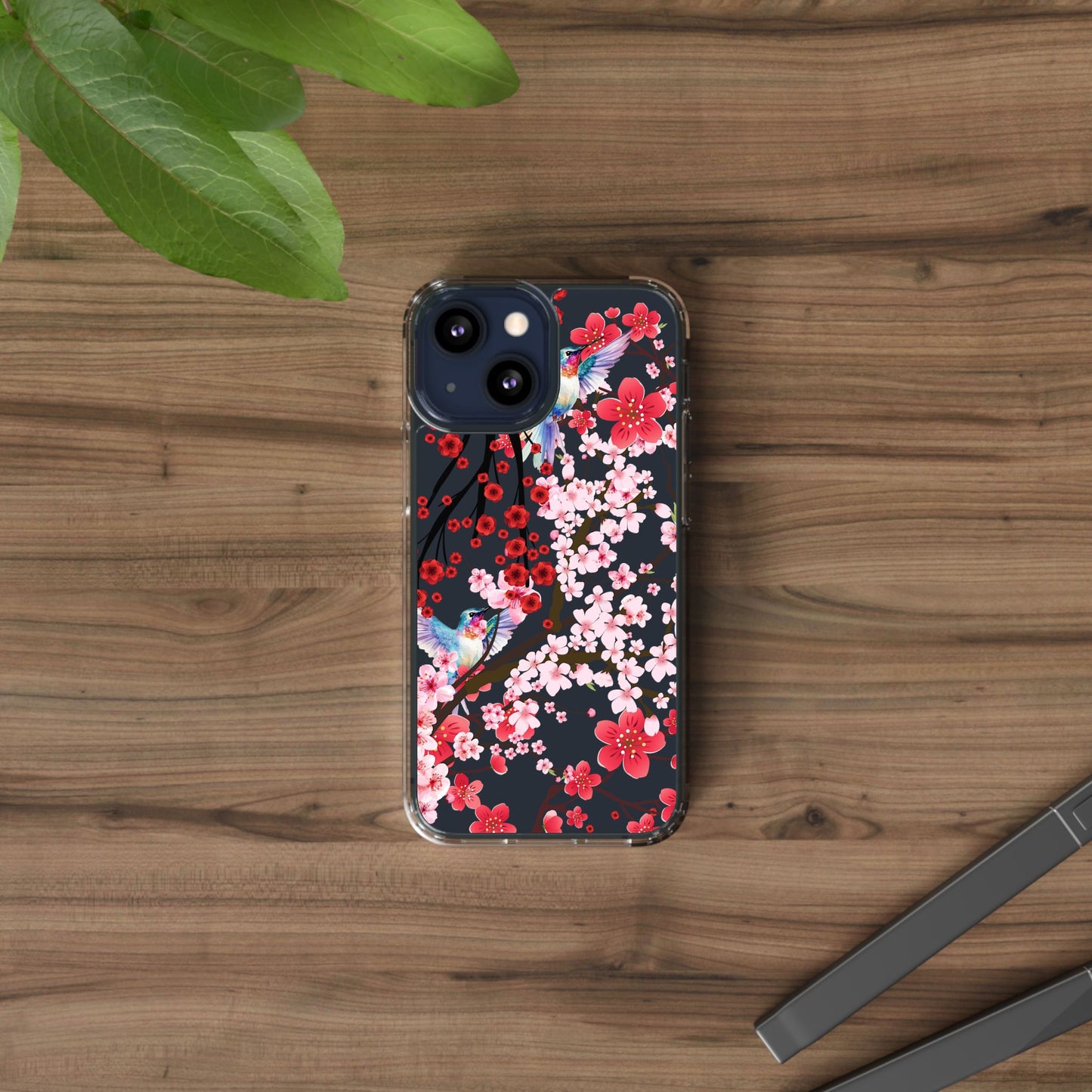 Floral Bird Clear Phone Case - Cherry Blossom Design
