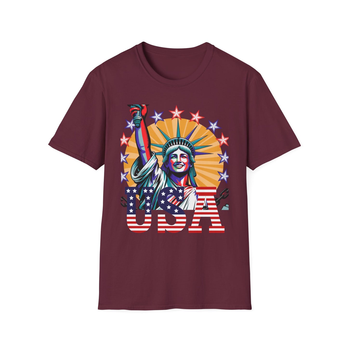 Patriotic USA T-Shirt - Unisex Softstyle Tee with Liberty Graphic
