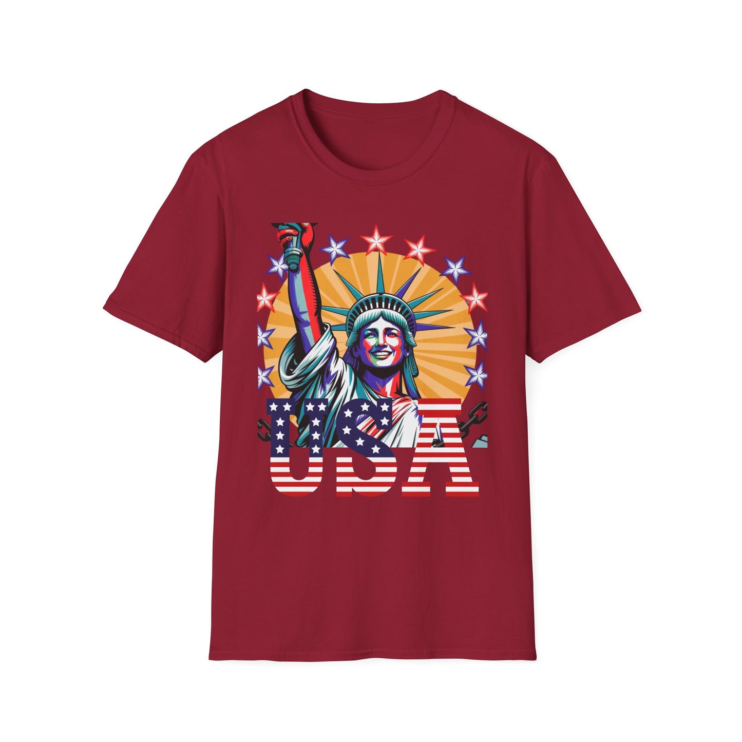 Patriotic USA T-Shirt - Unisex Softstyle Tee with Liberty Graphic